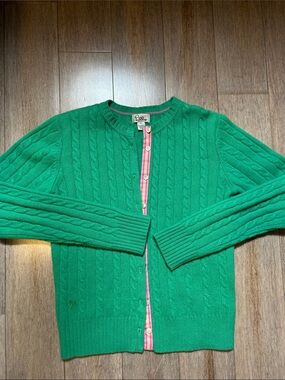 VTG Lilly Pulitzer Cashmere Green Cable-Knit Cardigan with Pink Trim size S